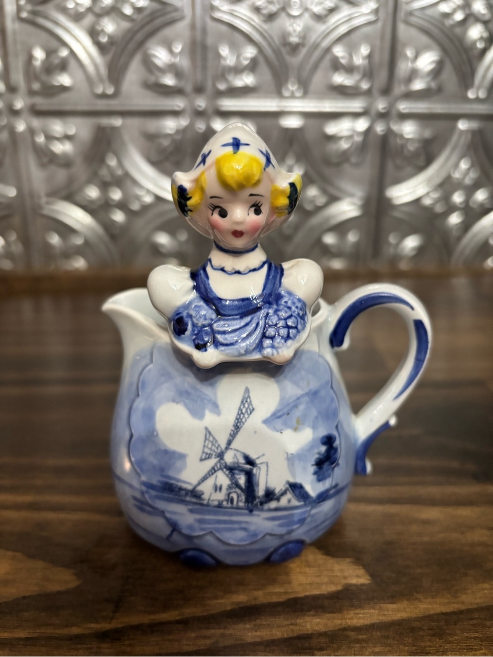 Blue and White Delft-Style Ceramic Dutch Girl Pitcher - Unbranded